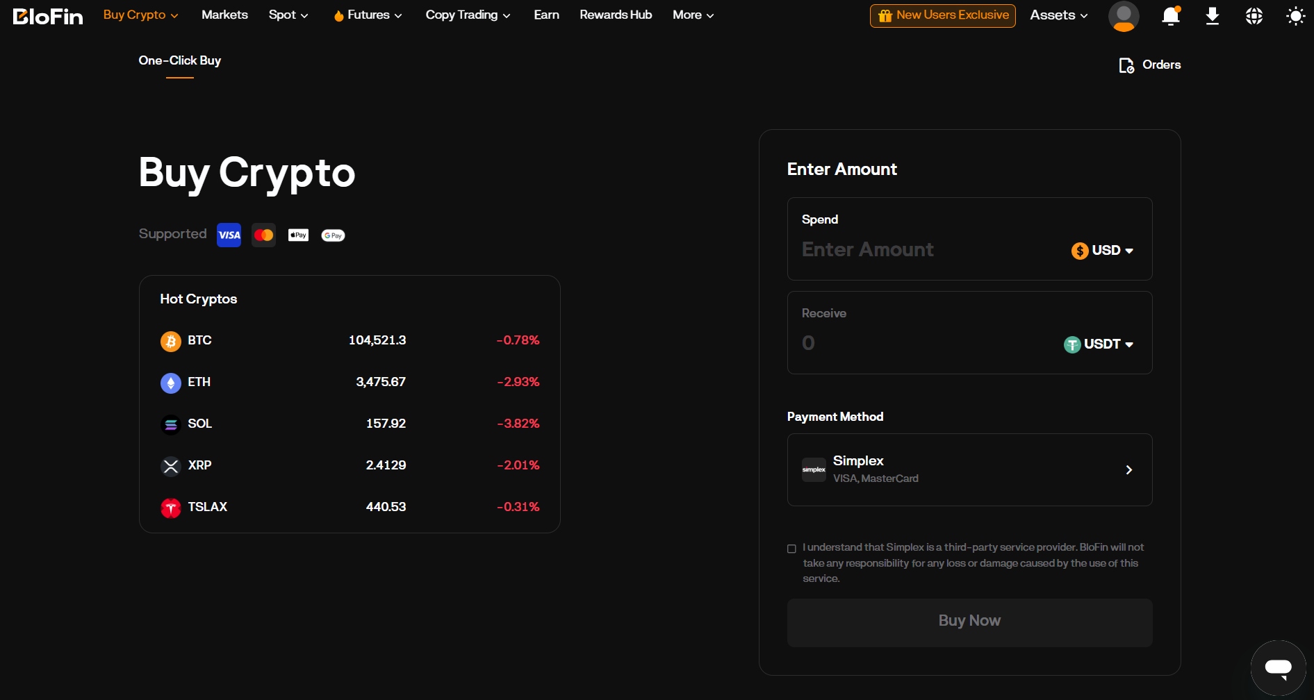 Buying crypto on BloFin exchange