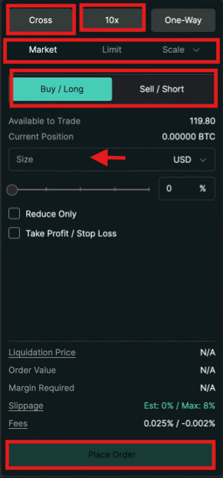Hyperliquid Futures Trading Order Panel