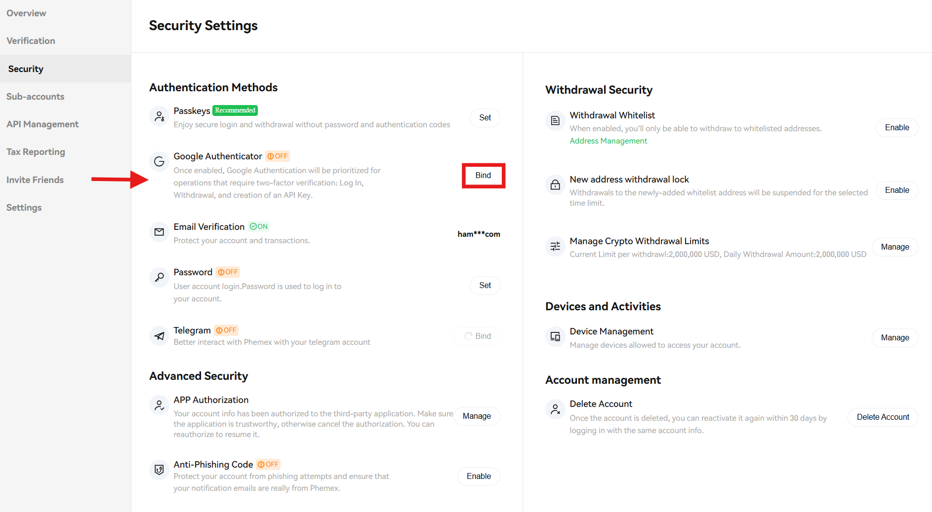 Phemex security page