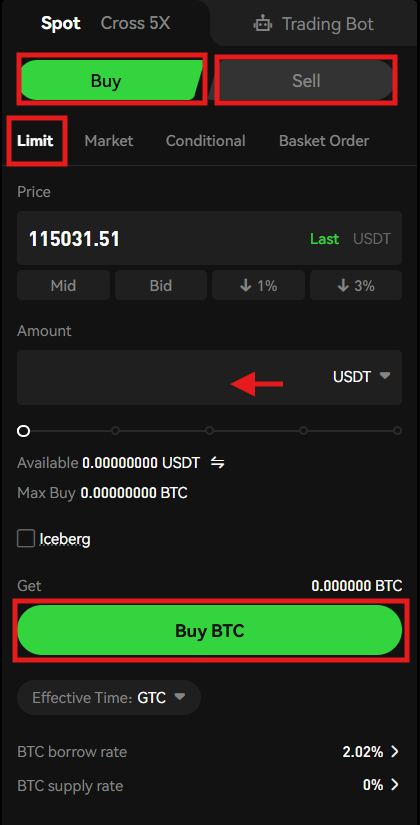 Phemex spot trading order panel