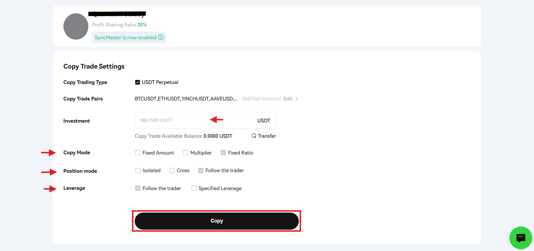 Phemex Copy trader form