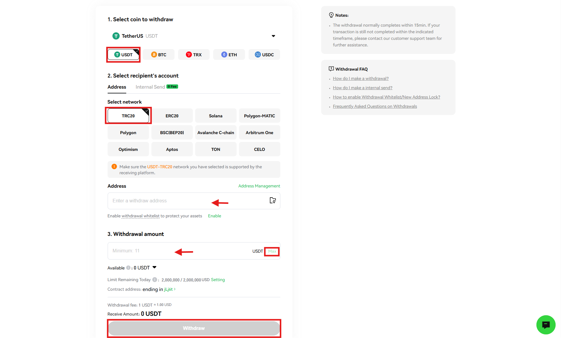Phemex crypto withdrawal page