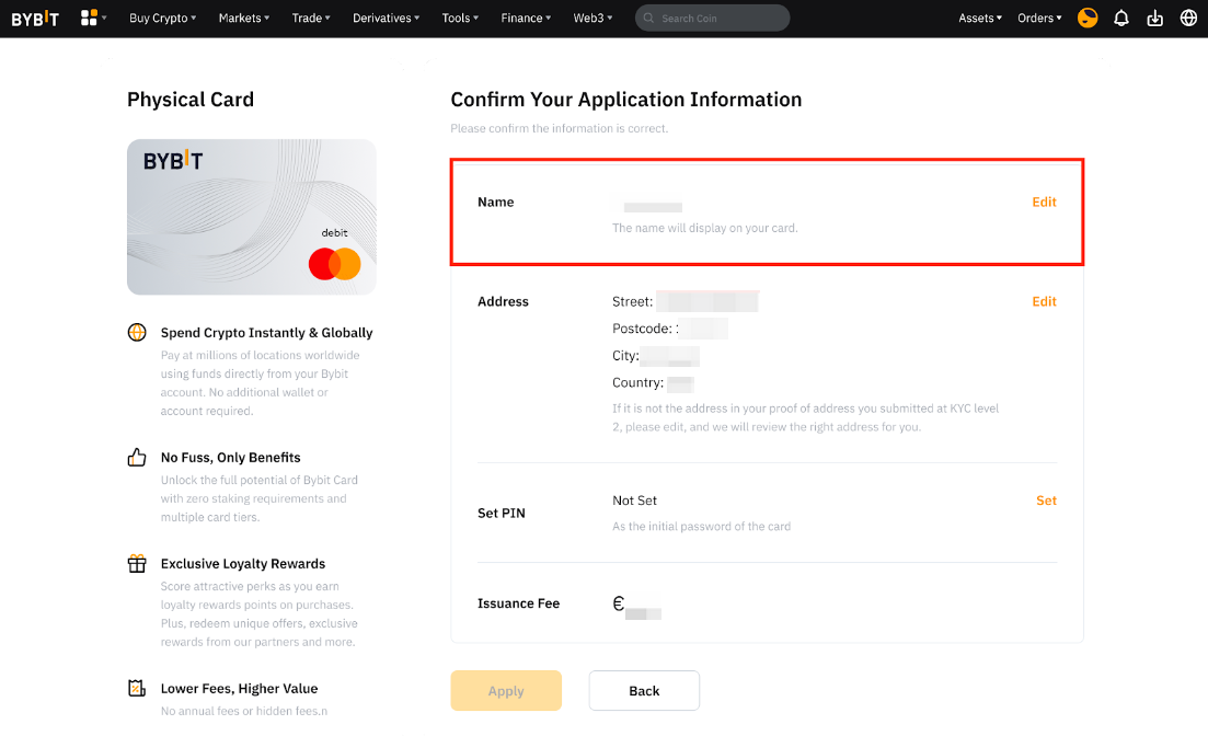 Display Name for Physical Bybit Card