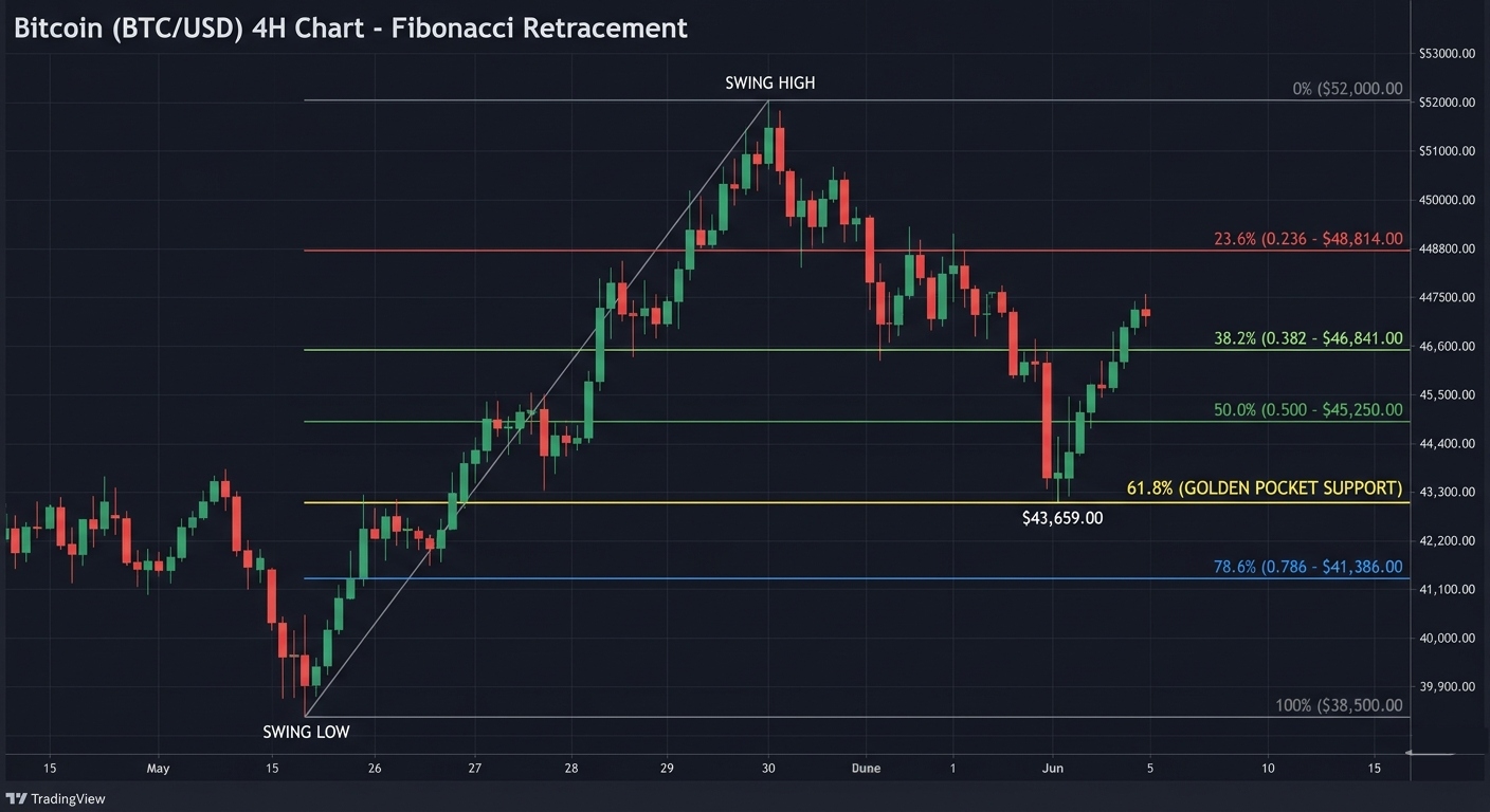 Bitcoin 4-hour chart showing Fibonacci retracement levels at 23.6%, 38.2%, 50%, 61.8%, and 78.6%