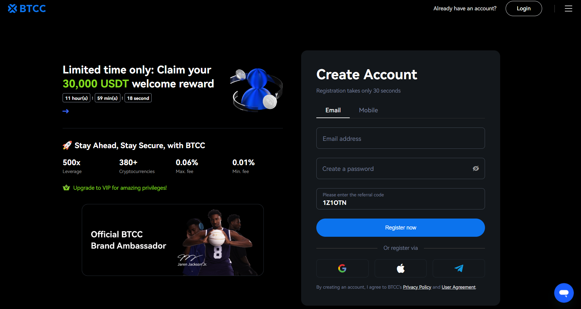 Register on BTCC Exchange