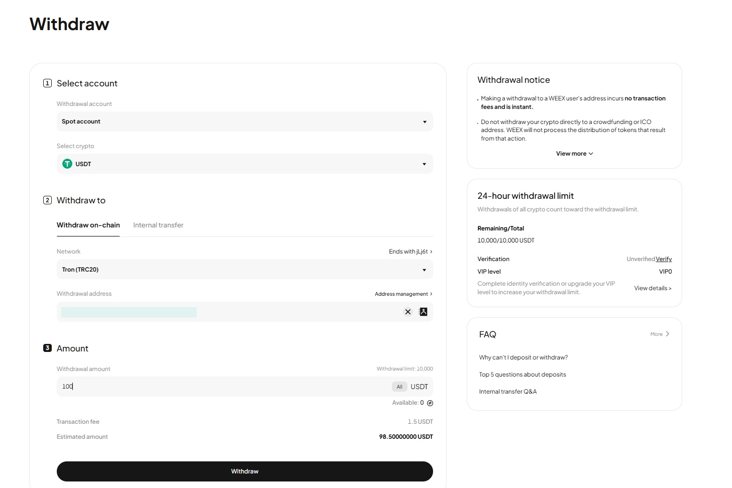 WEEX exchange withdrawal page
