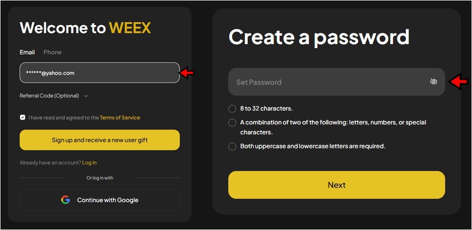 WEEX exchange sign up page