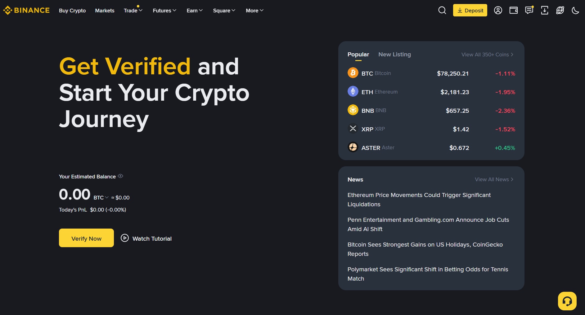 Binance exchange homepage
