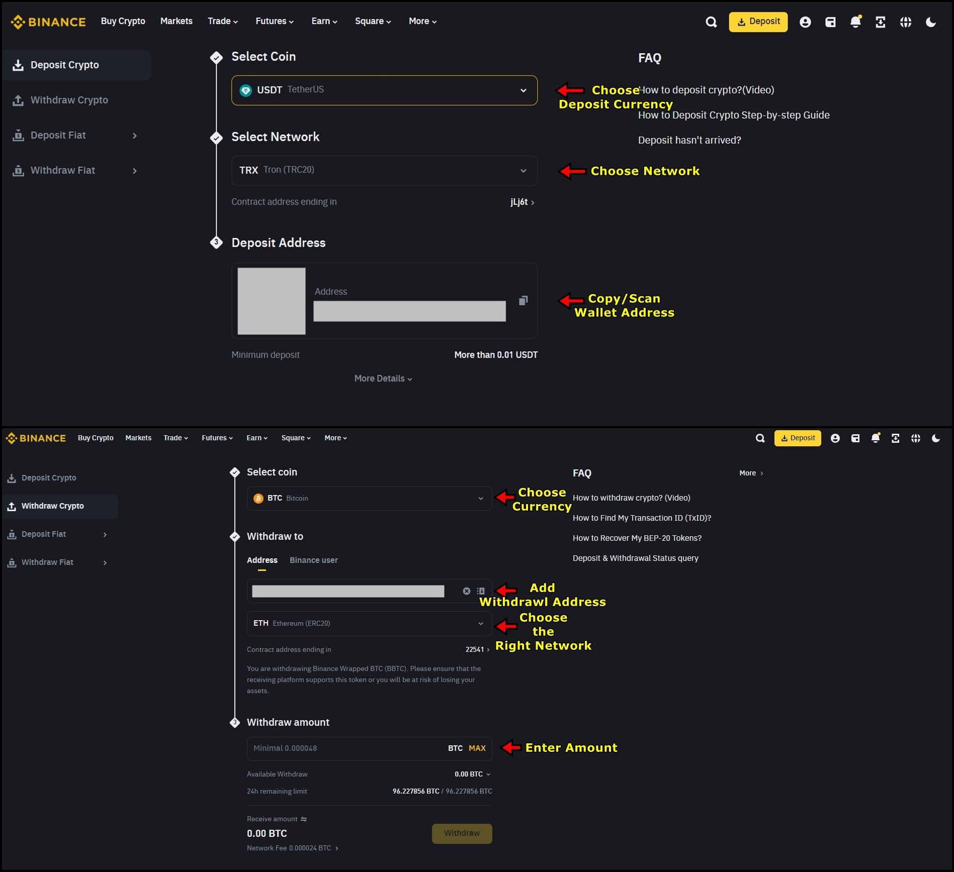 Depositing and Withdrawing cryptocurrency on Binance