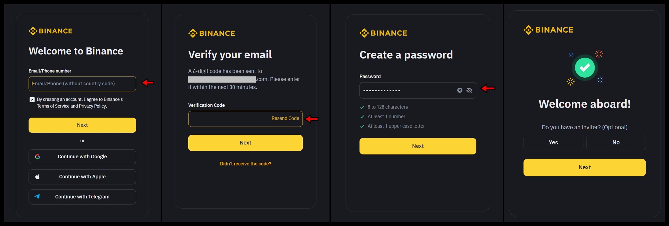 Creating a new account on Binance