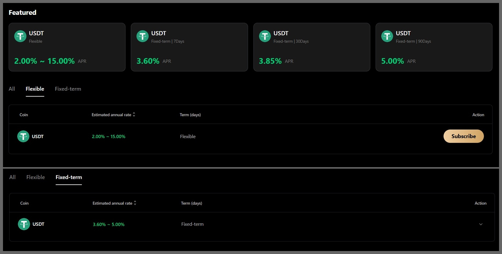 YUBIT Earn page showing flexible and fixed-term USDT staking rates