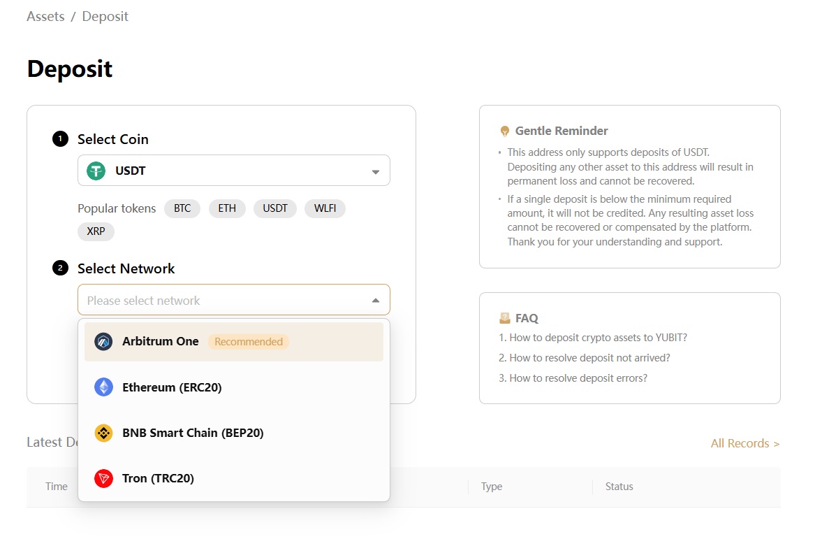 YUBIT deposit interface showing supported networks