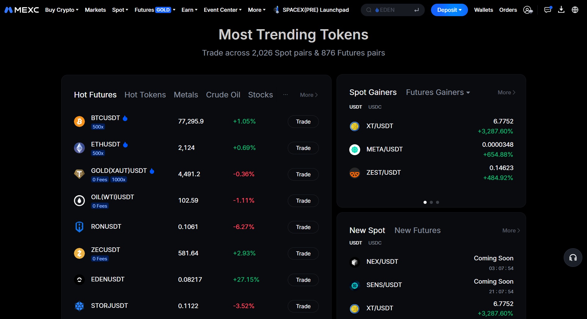 MEXC homepage showing trending tokens on the exchange