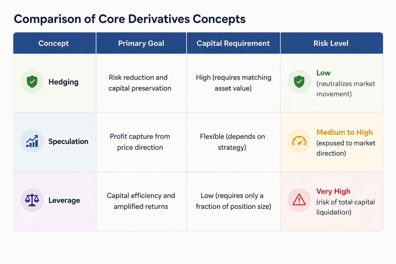 A comparison of the core derivatives concepts: hedging, speculation and leverage