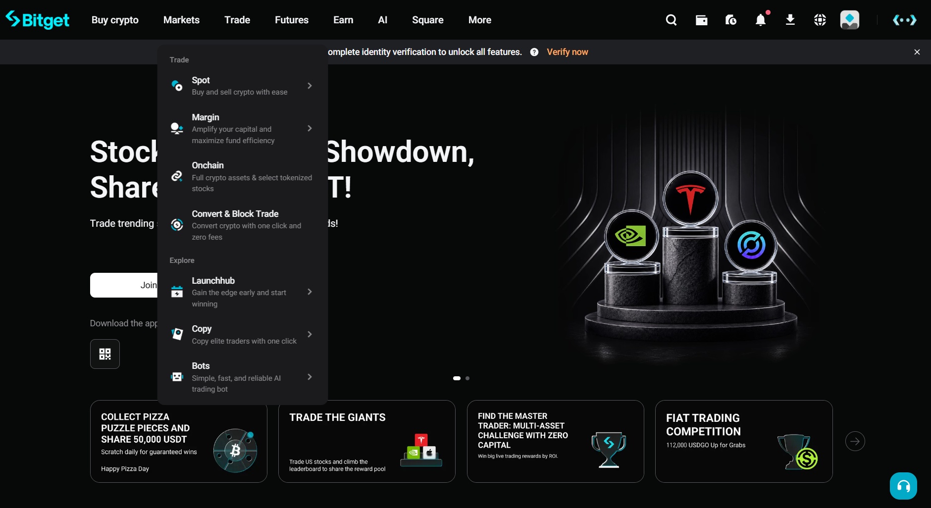 Bitget homepage showing the trading options