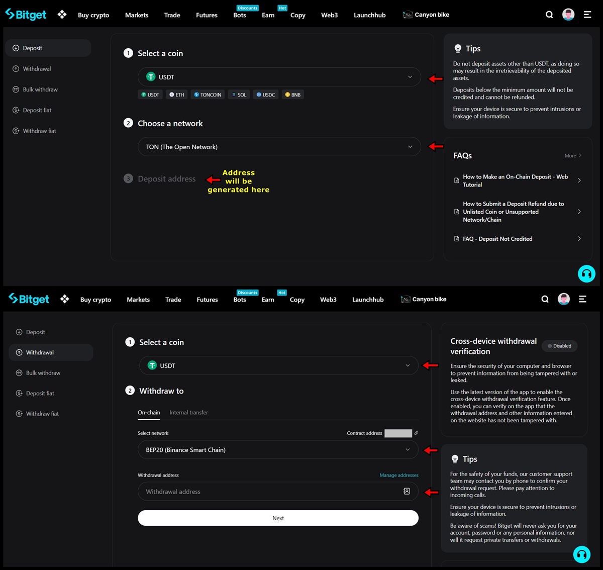 Bitget crypto deposit and withdrawal interface