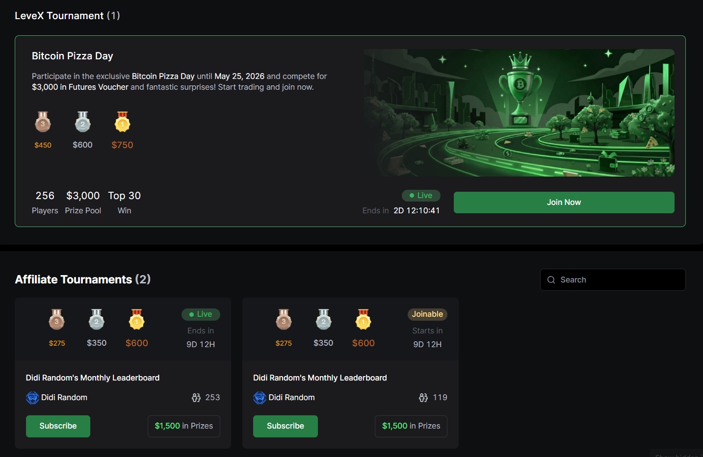 Tournaments on Levex exchange