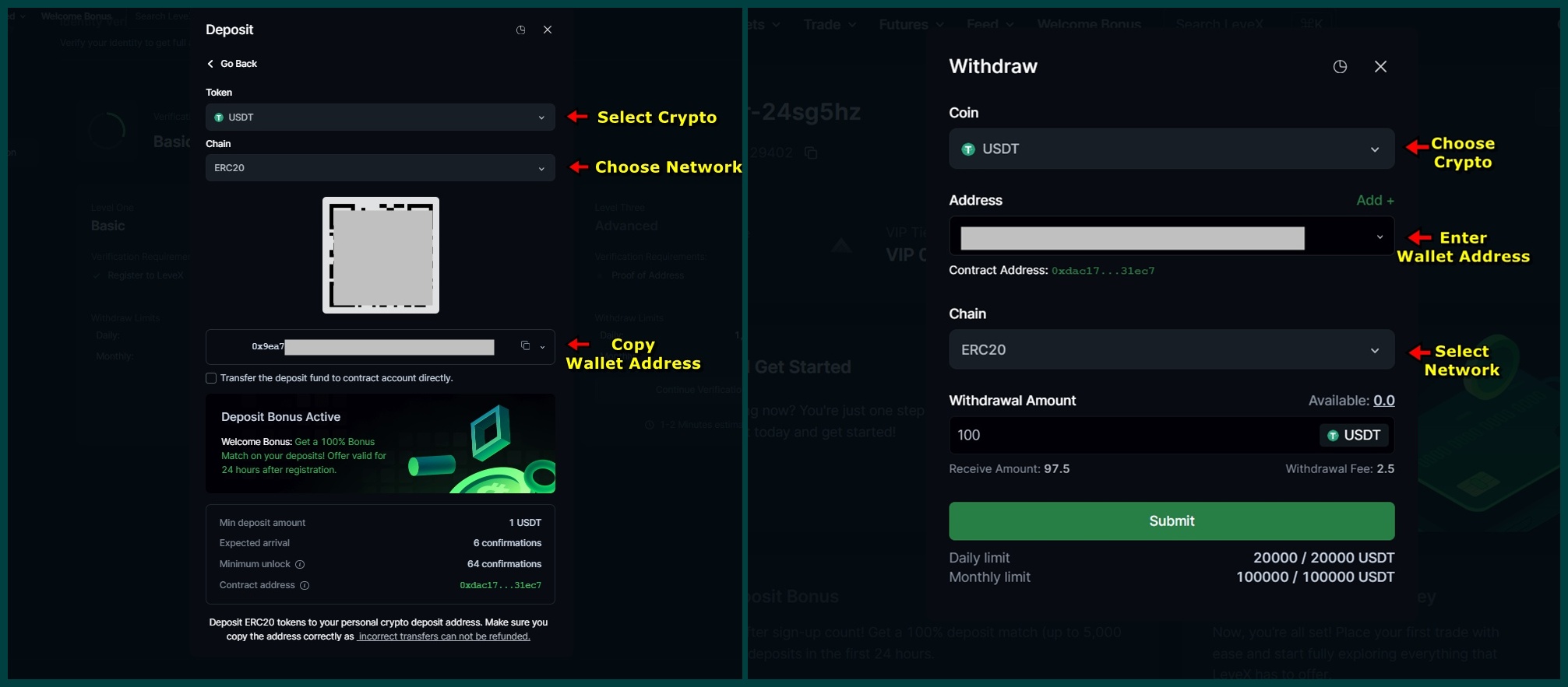 Levex deposits and withdrawals
