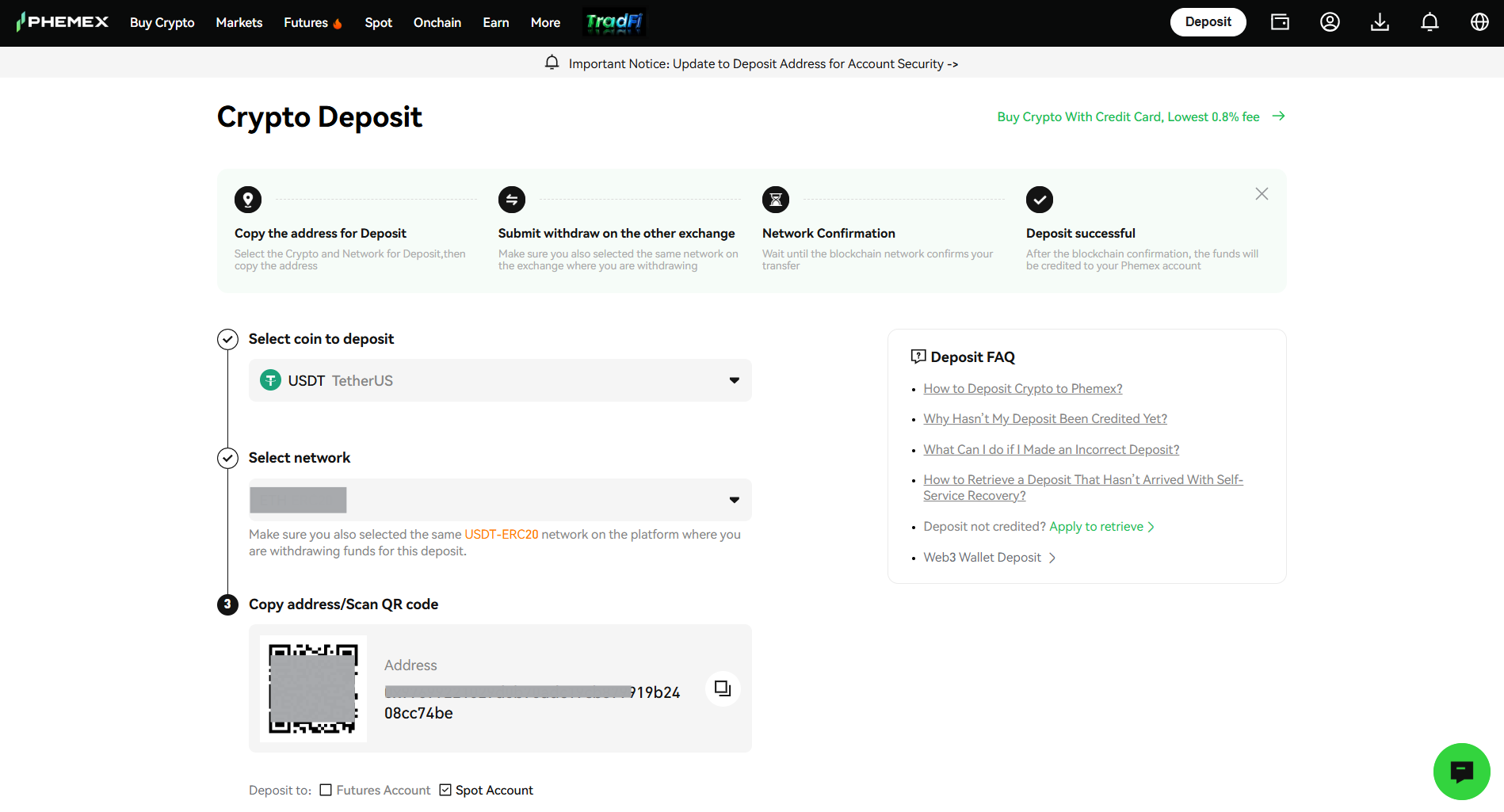 Crypto Deposit on Phemex Exchange