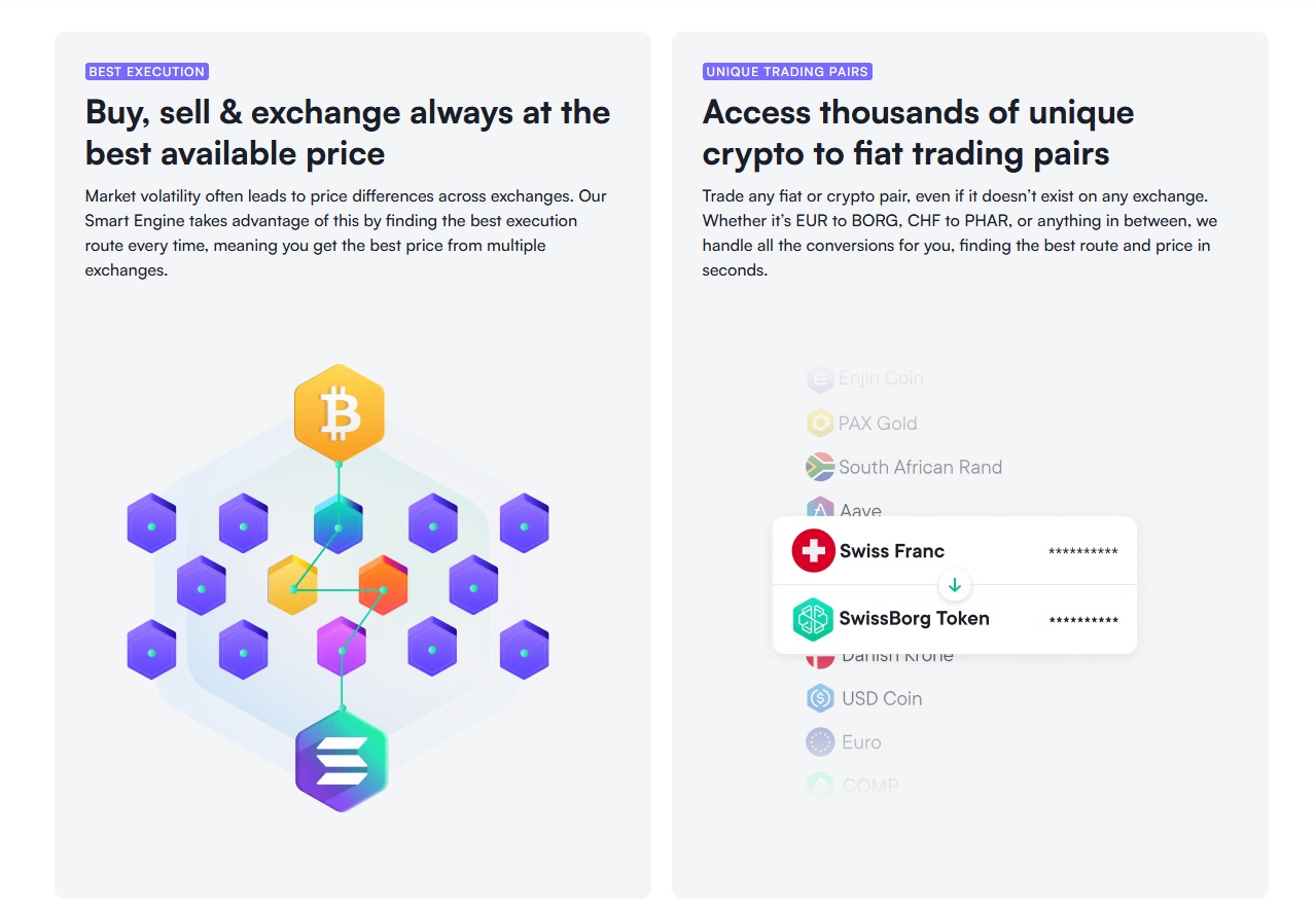 Swissborg Smart engine gives you access to thousands of unique crypto to fiat trading pairs
