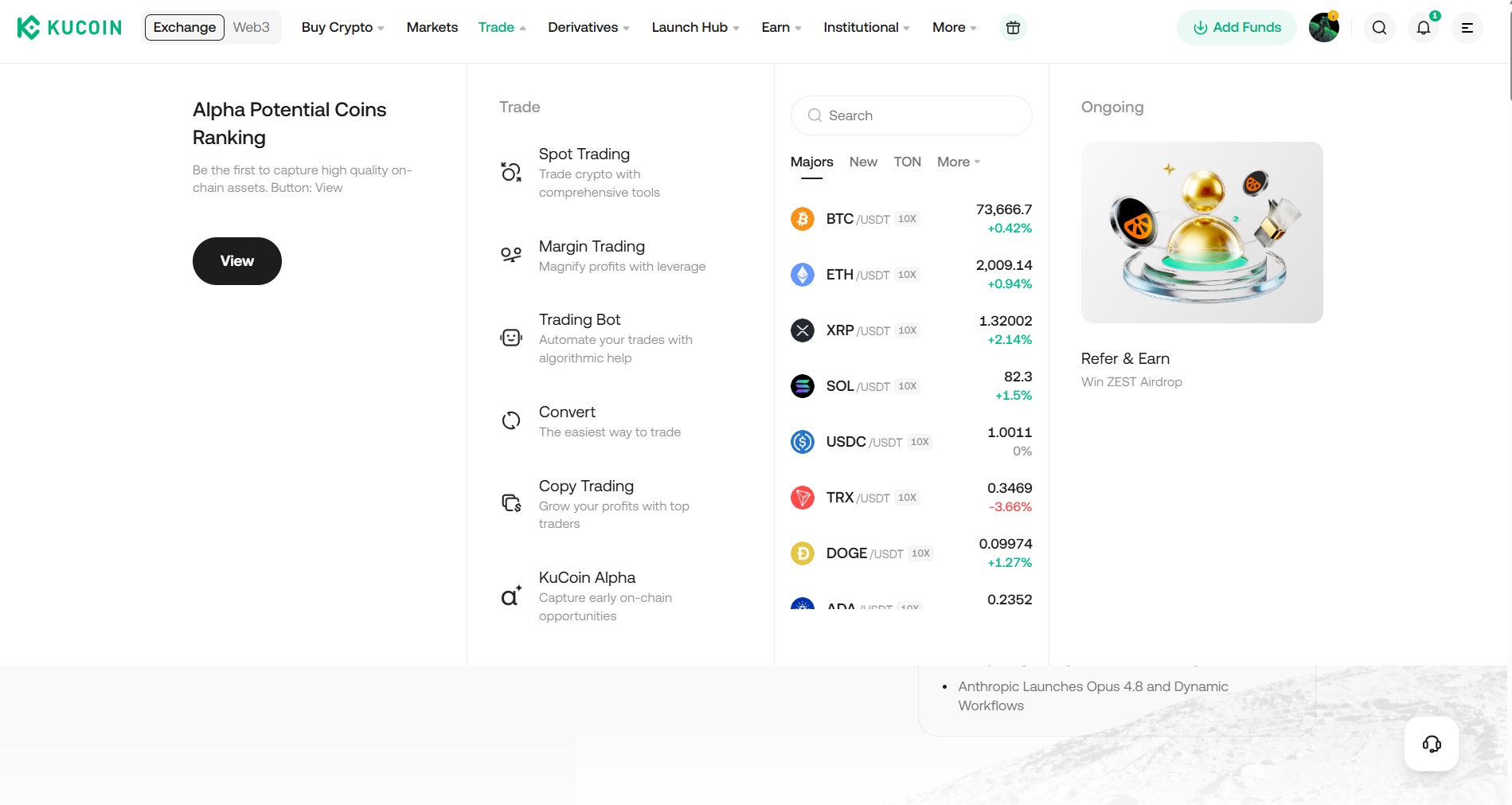 KuCoin homepage showing the trading dropdown