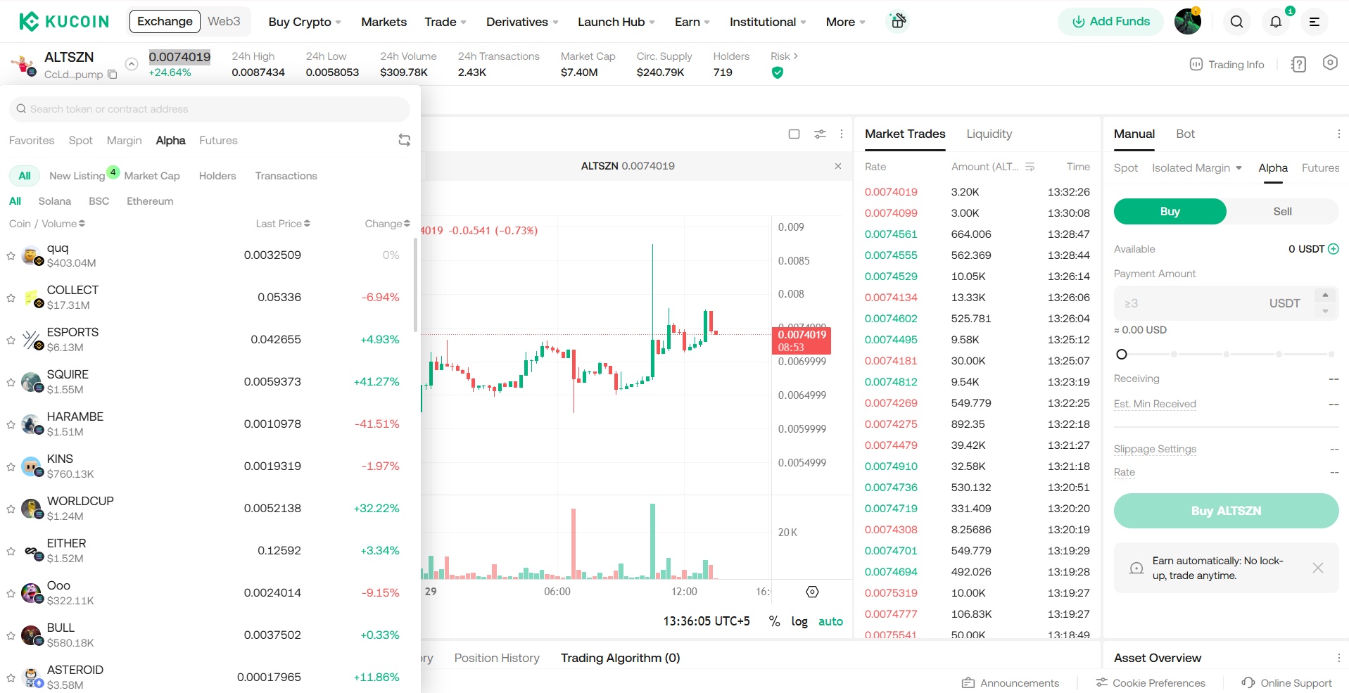 Kucoin Alpha cryptocurrencies and trading interface