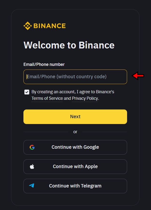 Binance Provide phone/email for account creation