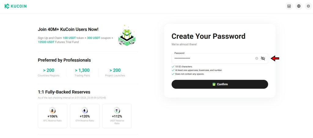 KuCoin Exchange Create your password