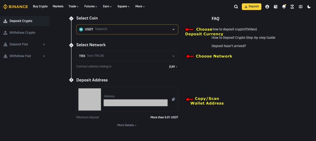 Binance crypto deposit page