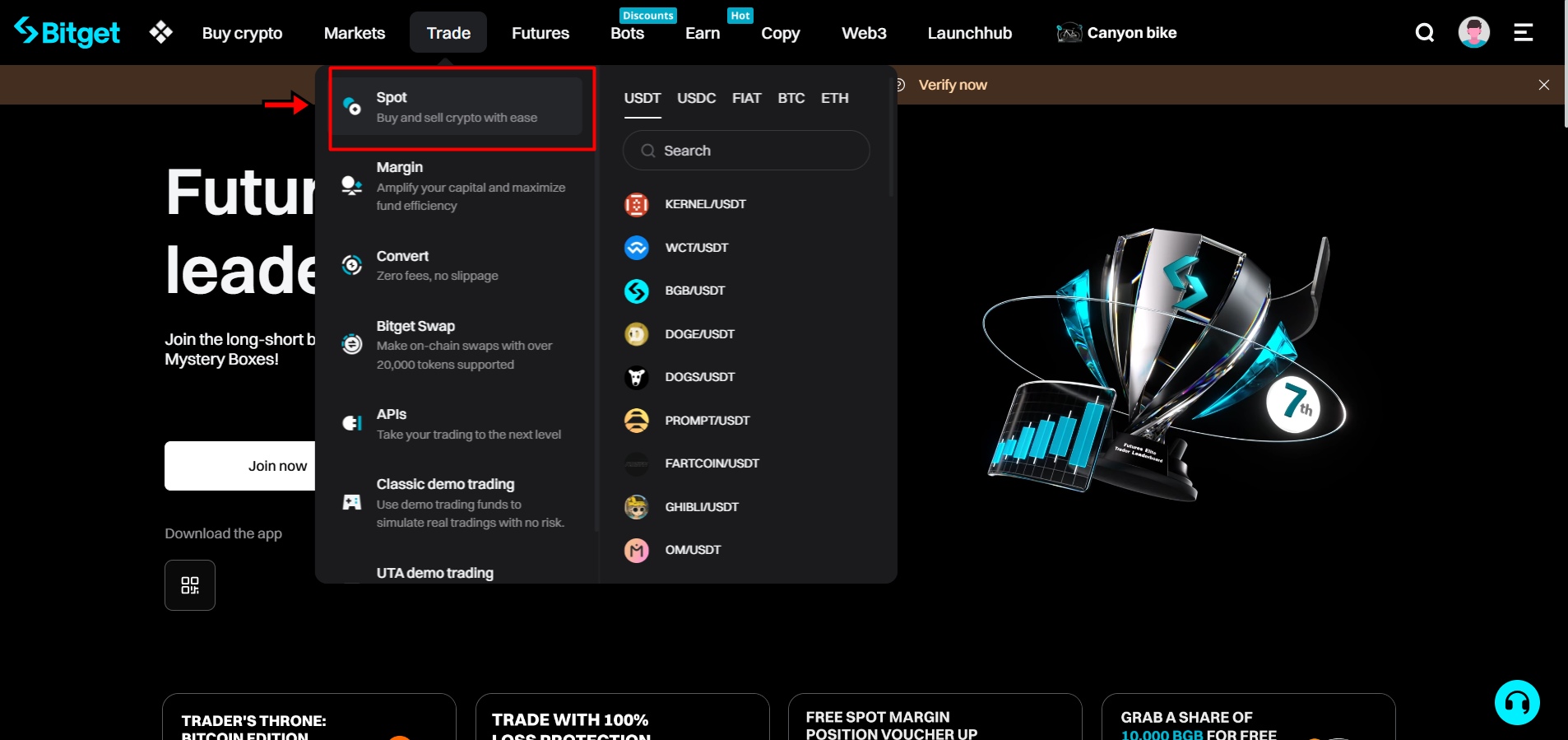 Bitget exchange Trade dropdown