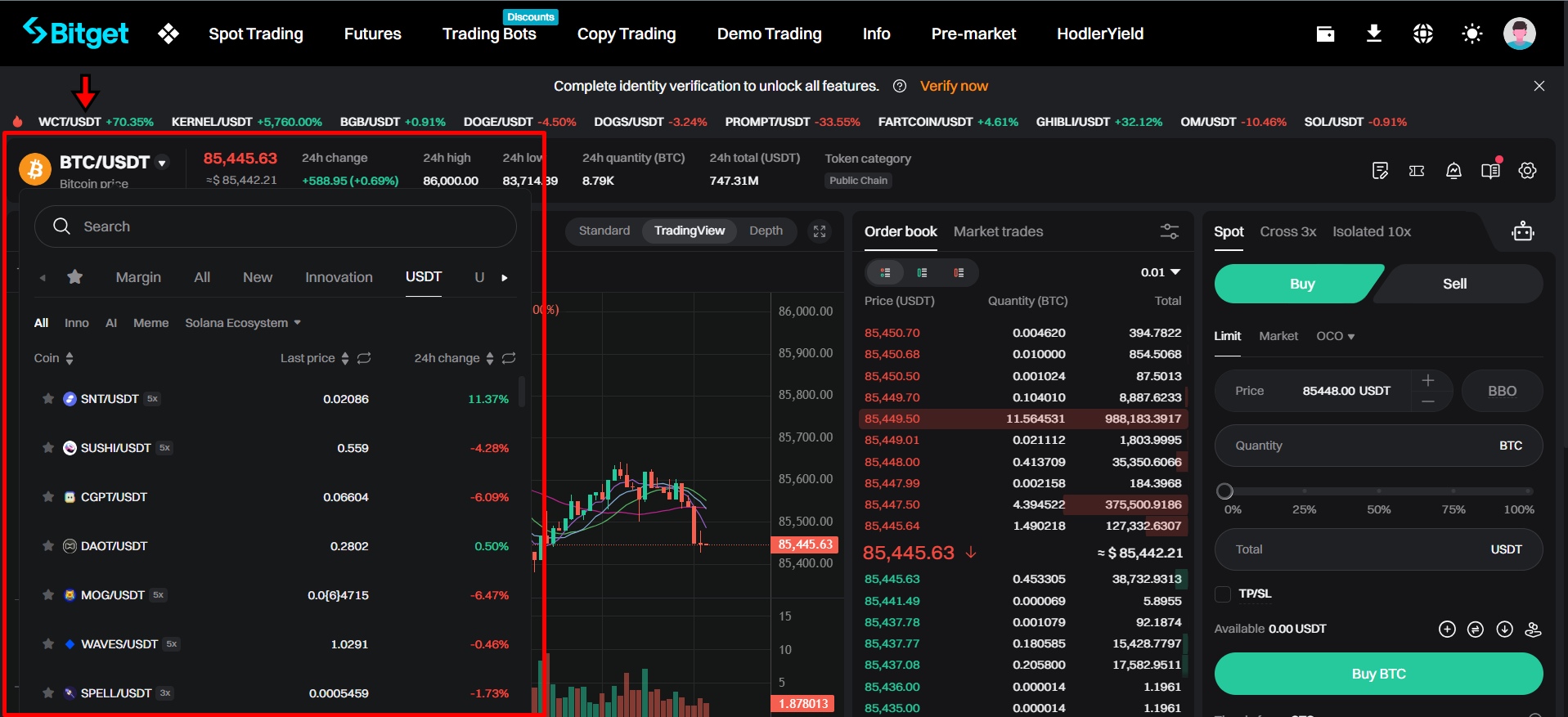 Bitget Exchange Trading pair selection