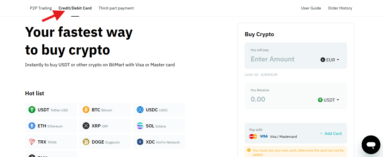 BitMart credit/debit card page