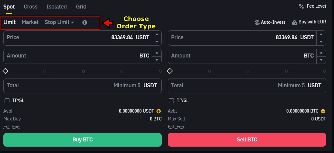 Binance Exchange choose order type