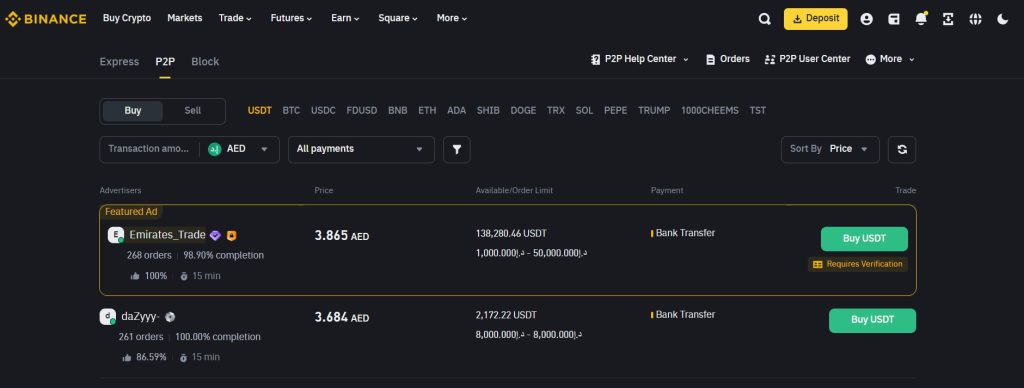 Binance P2P trading