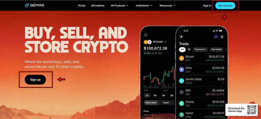 Gemini exchange homepage
