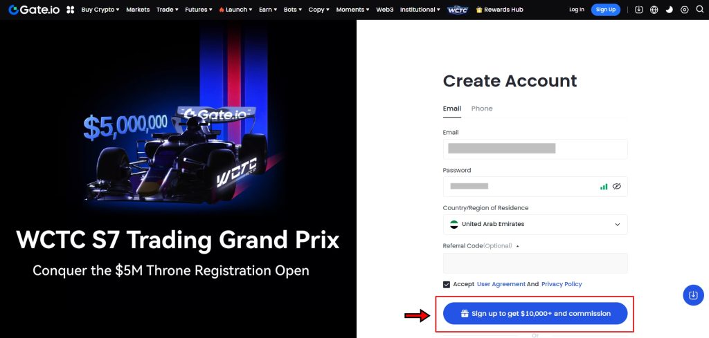 Gate.io Signup page