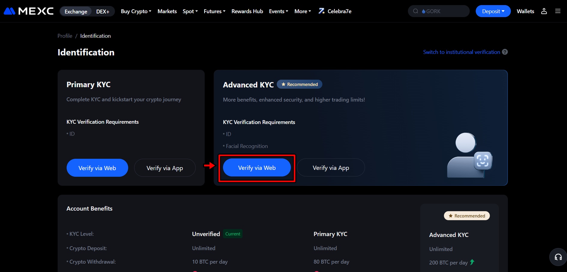 MEXC “Identification” page