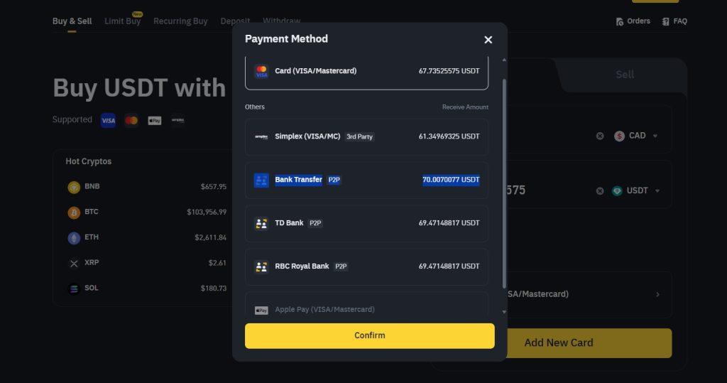 Fiat buying payment methods on Binance
