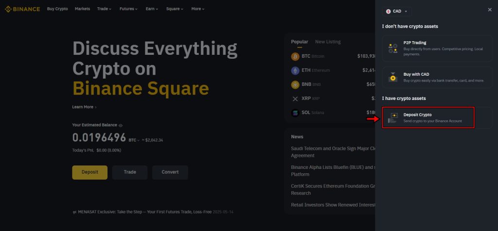 Binance exchange deposit panel
