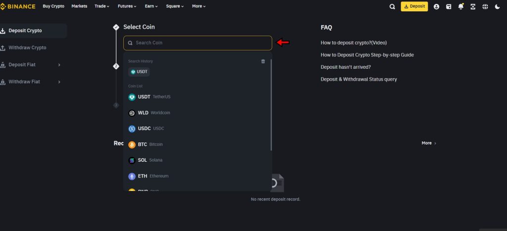 Choose cryptocurrency to deposit
