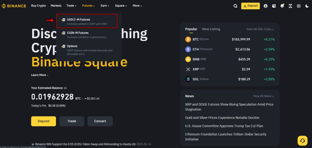 Binance exchange homepage
