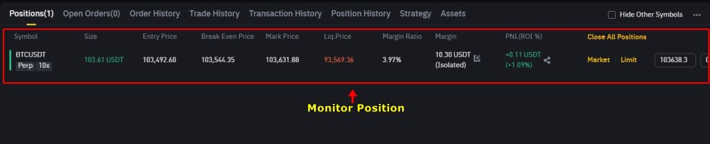 Monitor your position in Positions tab