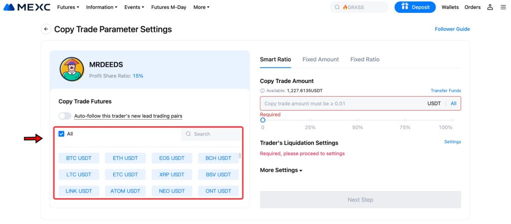 Copy trade parameter settings