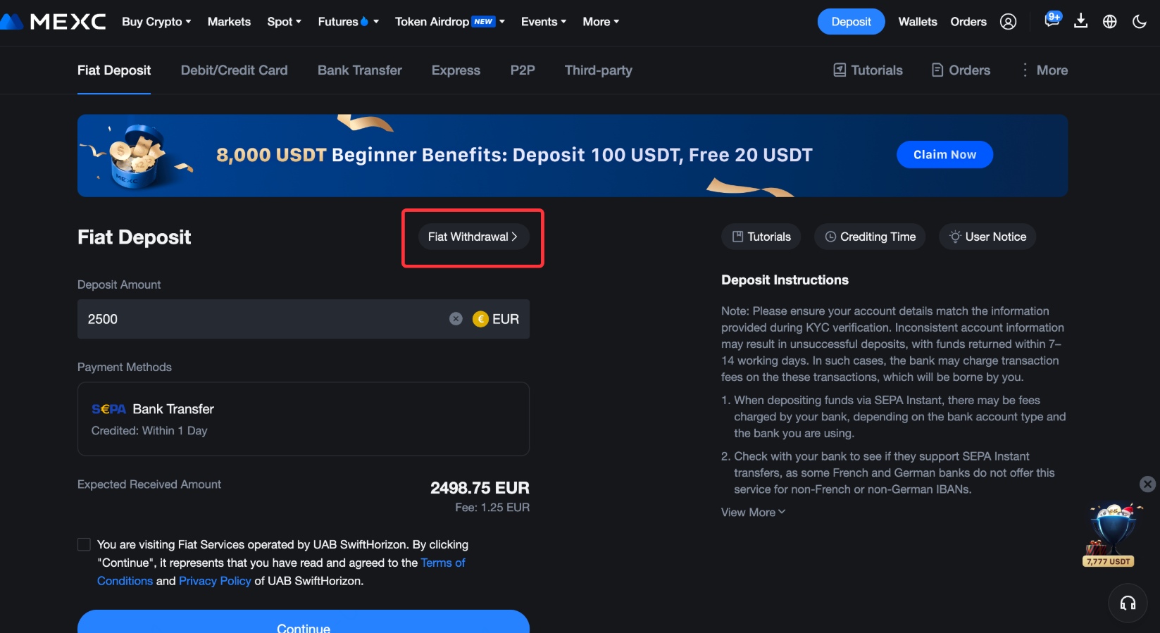 FIAT deposit page MEXC