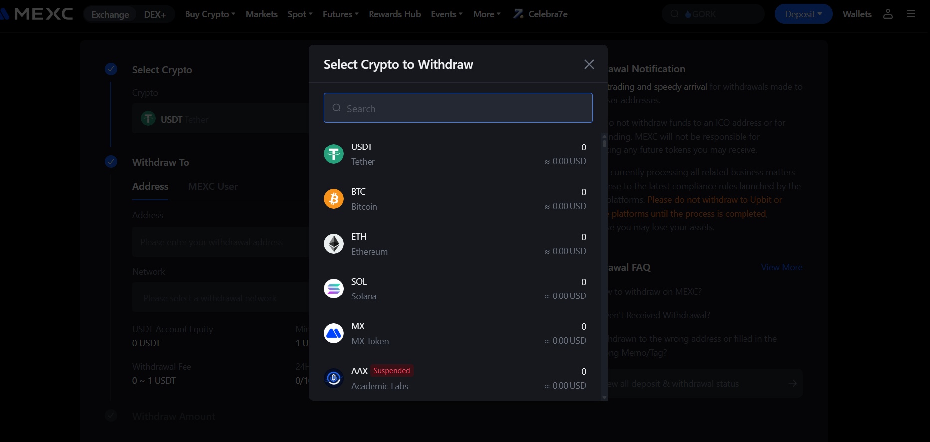 Choose cryptocurrency to withdraw