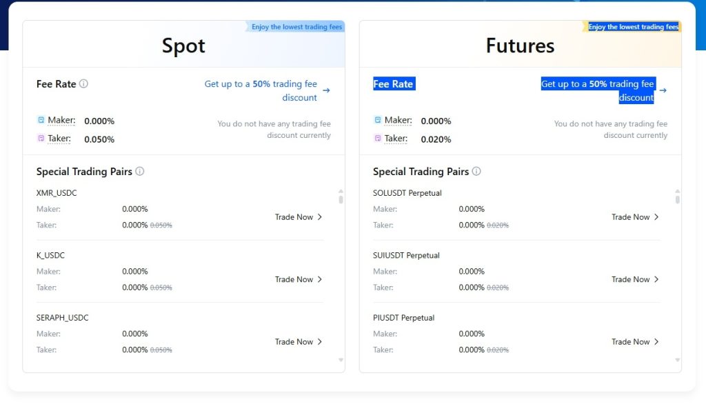 MEXC Trading fee breakdown