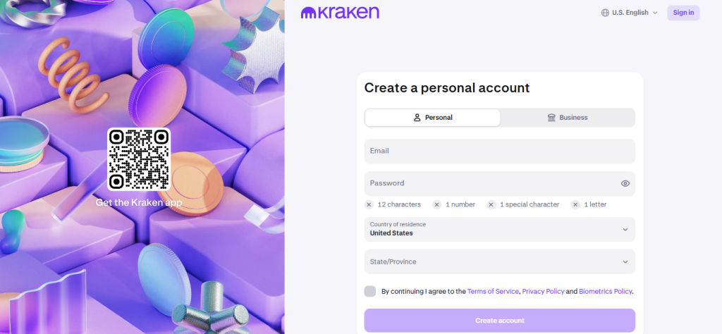 Kraken sign-in page