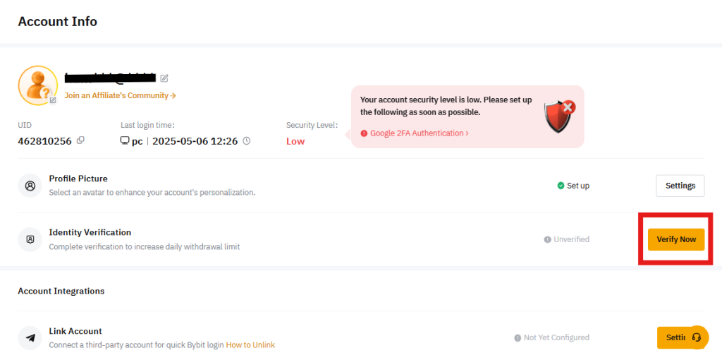 Bybit account info page