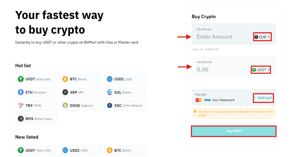 BitMart credit/debit card page