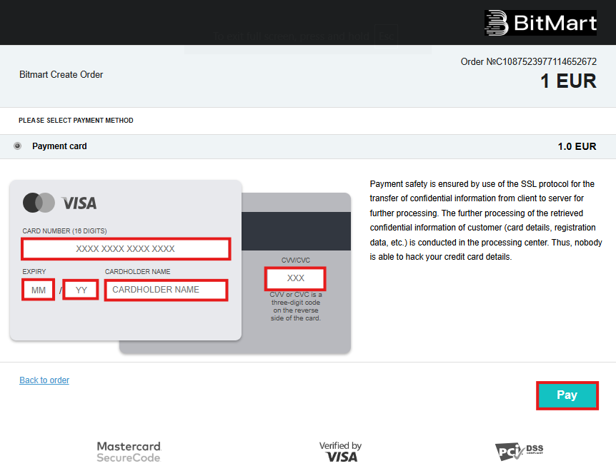 BitMart credit/debit card page